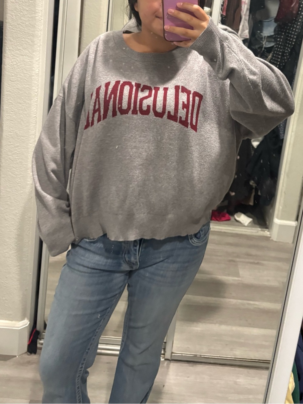 Gray Crewneck Sweatshirt with Red Lettering - Women's Pullover